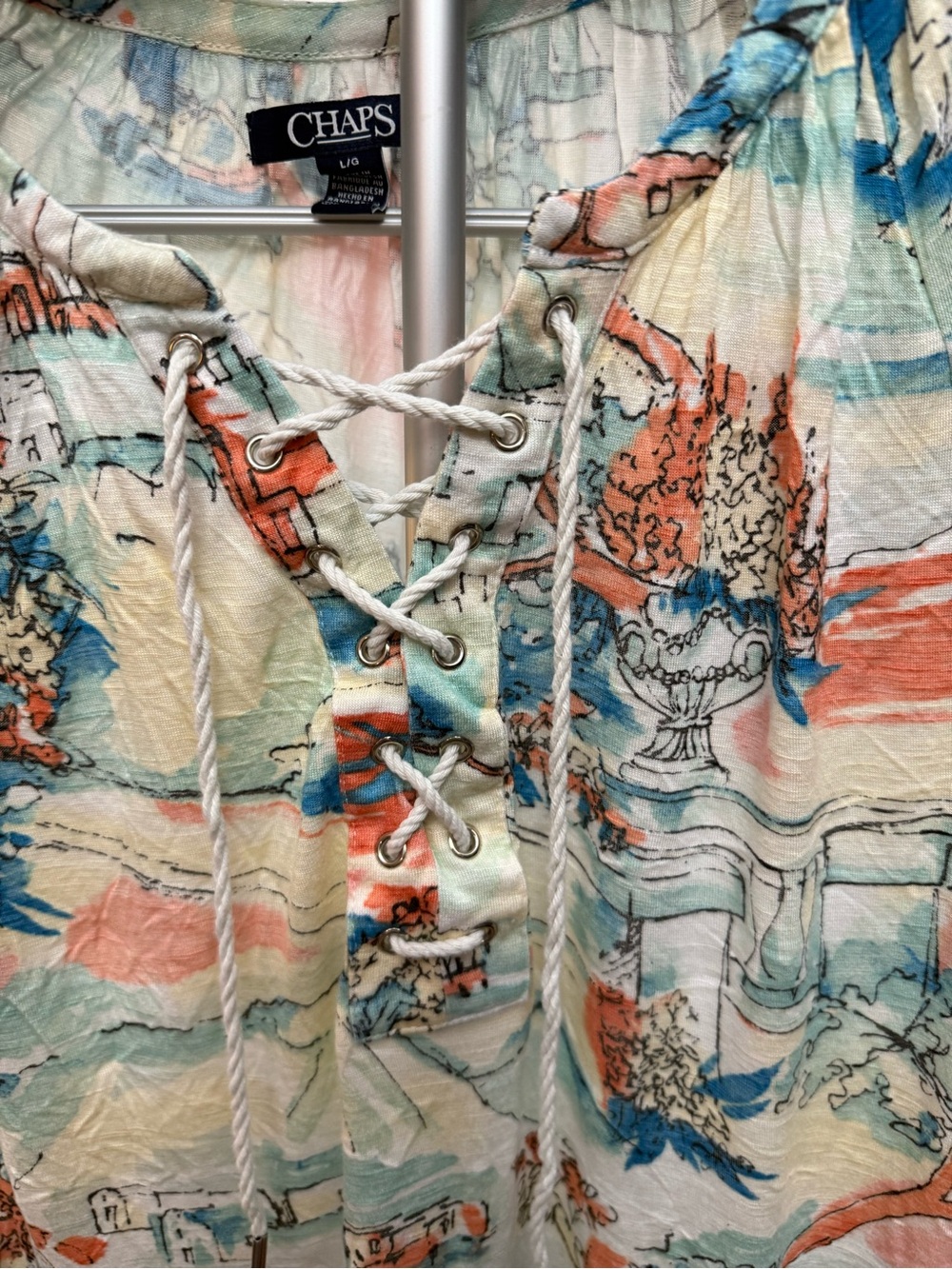 Chaps Multi-Color Lace-Up Short Sleeve Printed Blouse - Picture 2 of 6